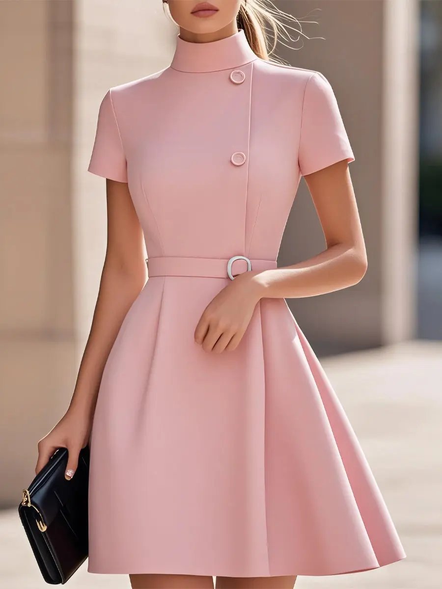 Elegant Black High-Neck Belted Sheath - Midi Dress CASA LARO