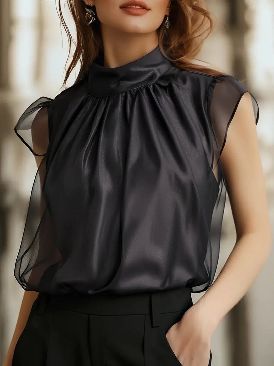 Elegant Black High-Neck Sheer Chiffon - Blouse CASA LARO