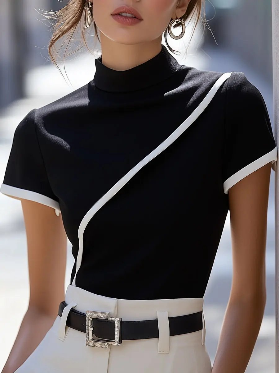 Elegant Black High-Neck White-Trim - Turtleneck Top CASA LARO