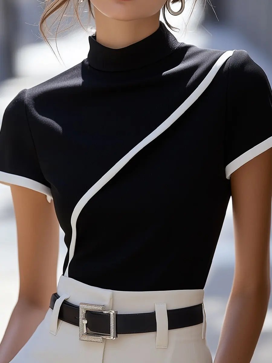Elegant Black High-Neck White-Trim - Turtleneck Top CASA LARO