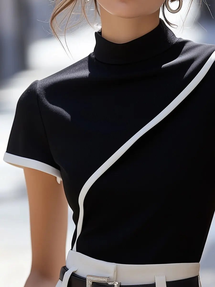 Elegant Black High-Neck White-Trim - Turtleneck Top CASA LARO