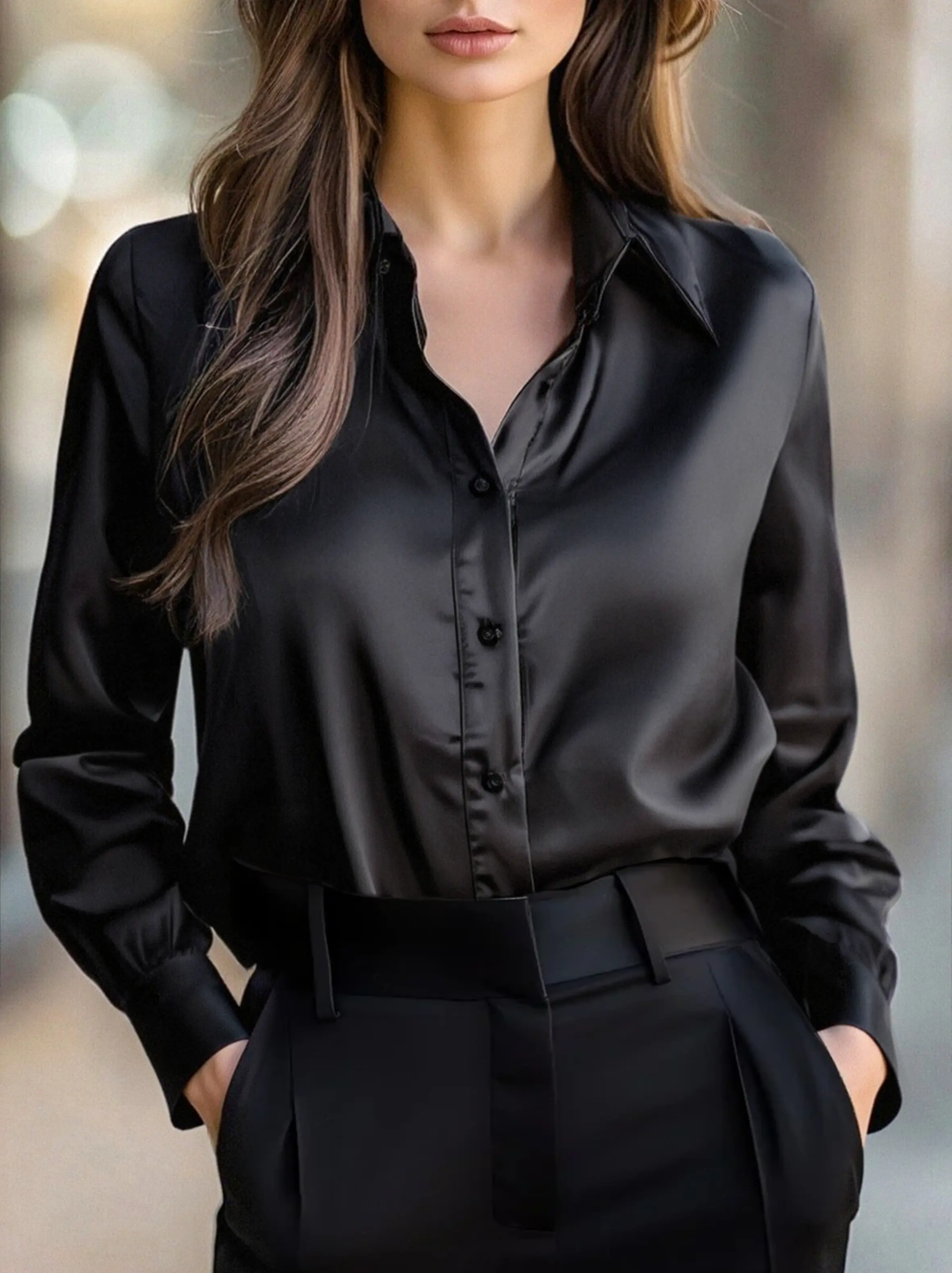 Elegant Black Satin Long-Sleeve Top - Blouse CASA LARO