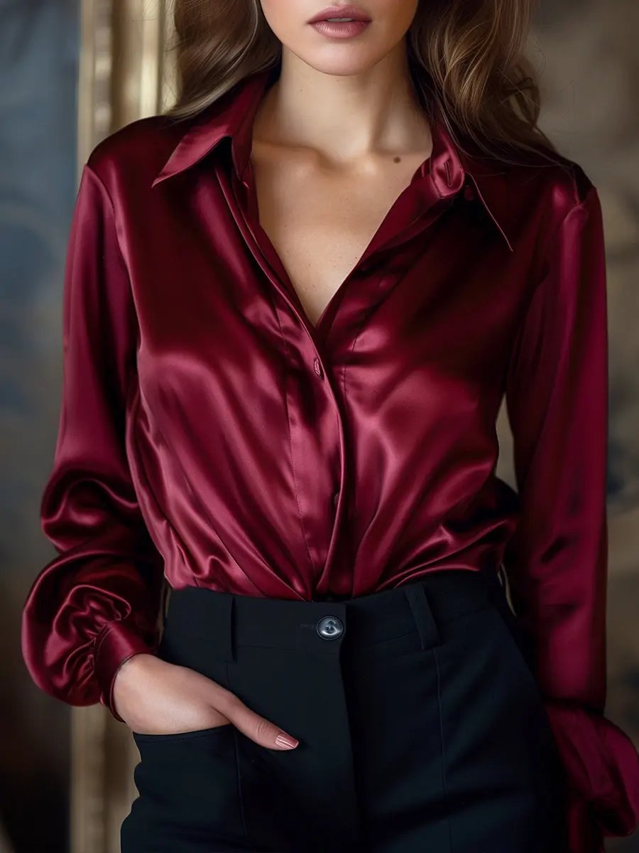 Elegant Black Satin Long-Sleeve Top - Blouse CASA LARO