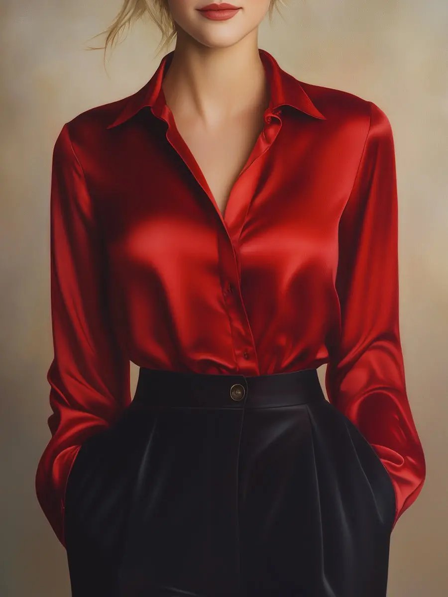 Elegant Black Satin Long-Sleeve Top - Blouse CASA LARO