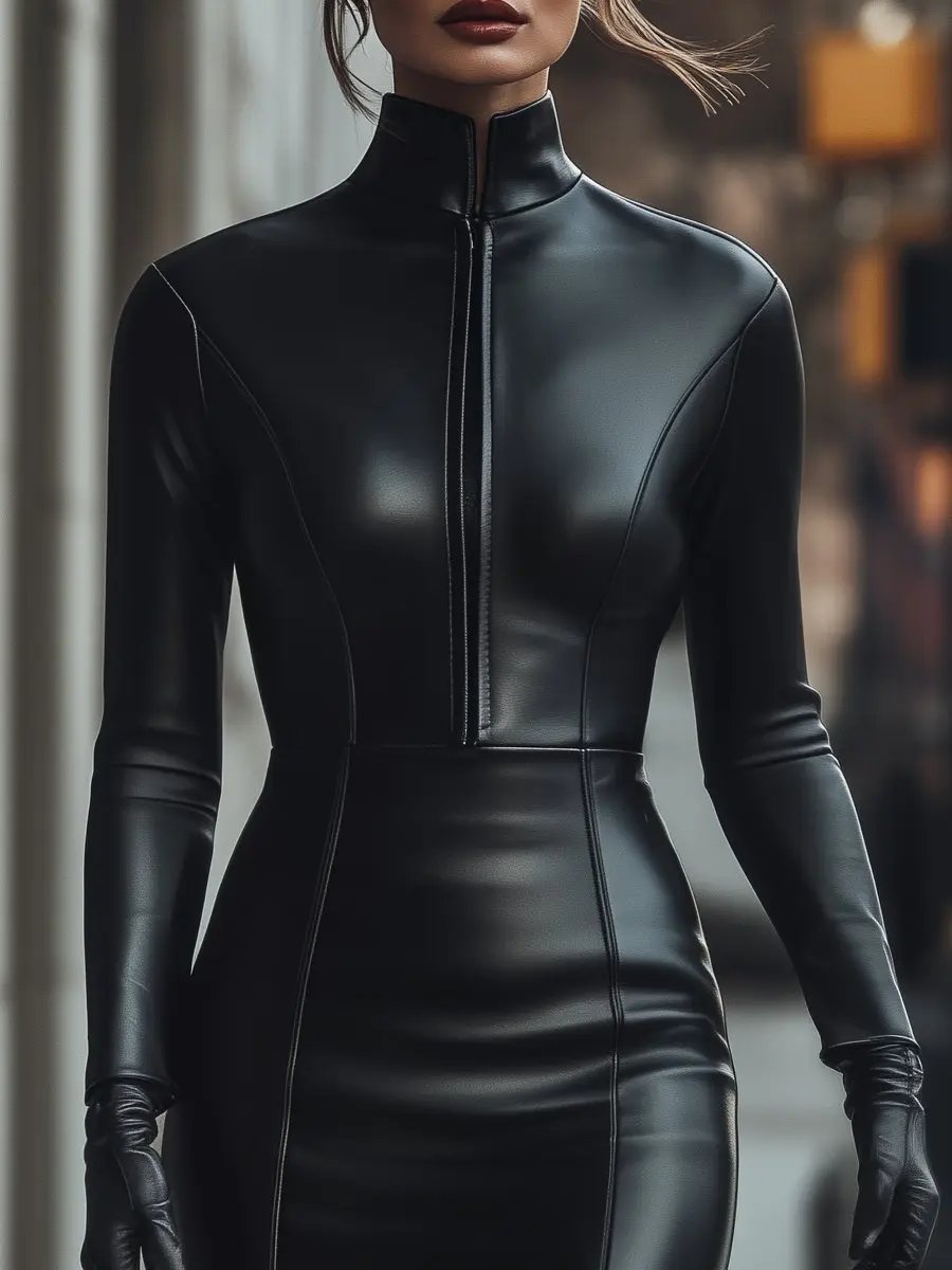 Elegant Black Zip-Up Faux Leather - Mini Dress CASA LARO