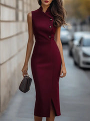 Elegant Burgundy Sleeveless Asymmetric Button Detail - Midi Dress CASA LARO