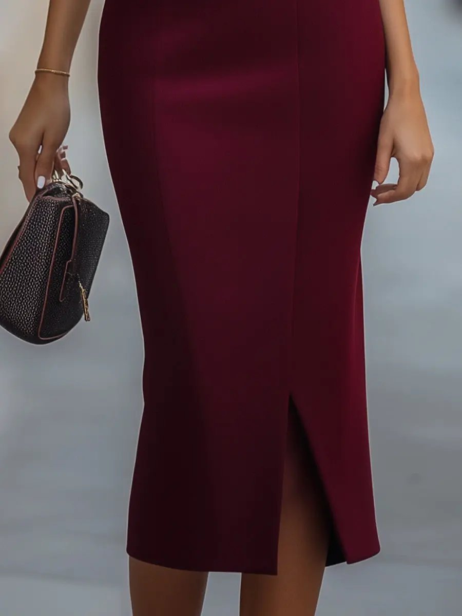 Elegant Burgundy Sleeveless Asymmetric Button Detail - Midi Dress CASA LARO