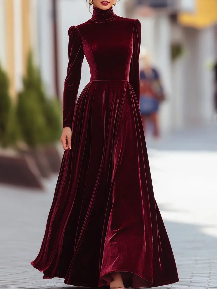 Elegant Burgundy Velvet Long-Sleeve Evening - Maxi Dress CASA LARO