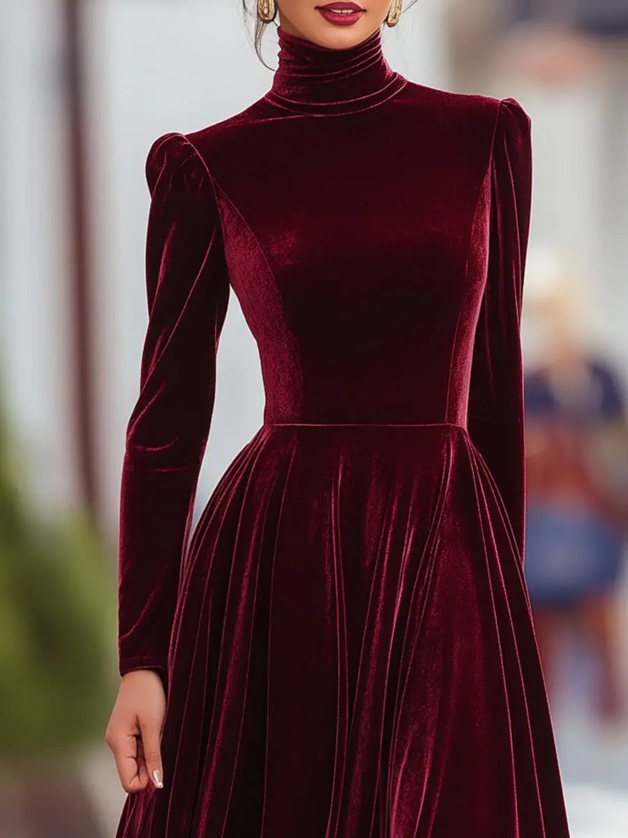 Elegant Burgundy Velvet Long-Sleeve Evening - Maxi Dress CASA LARO