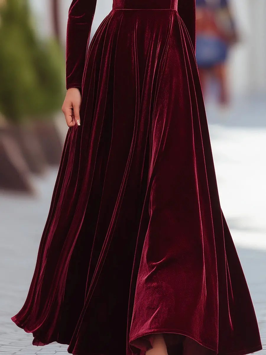 Elegant Burgundy Velvet Long-Sleeve Evening - Maxi Dress CASA LARO