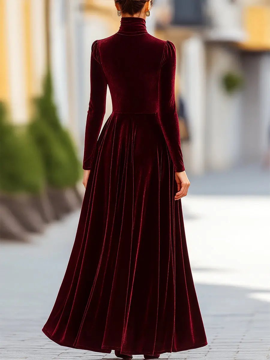 Elegant Burgundy Velvet Long-Sleeve Evening - Maxi Dress CASA LARO