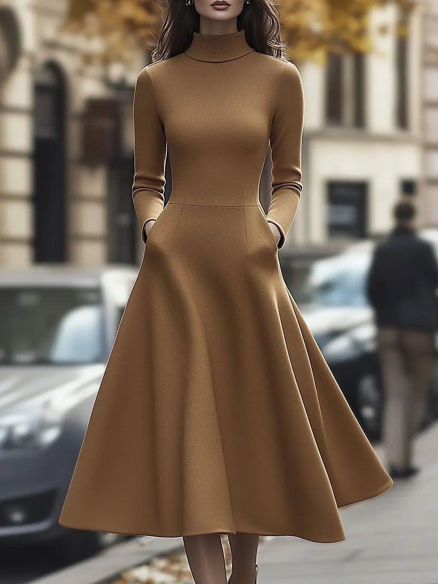 Elegant Camel High-Neck A-Line - Midi Dress CASA LARO