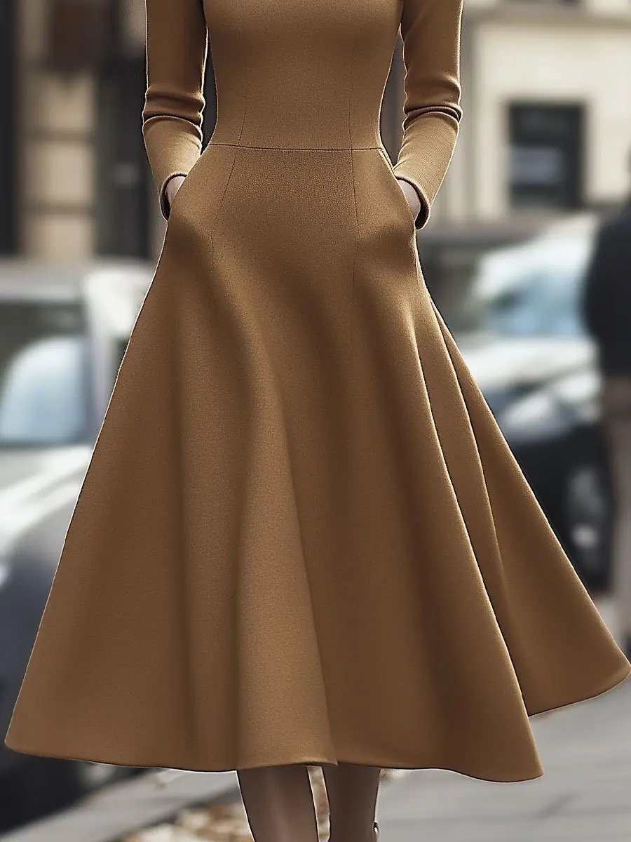 Elegant Camel High-Neck A-Line - Midi Dress CASA LARO