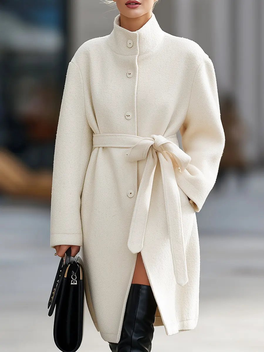 Elegant Cream Belted Wool - Wool Coat CASA LARO