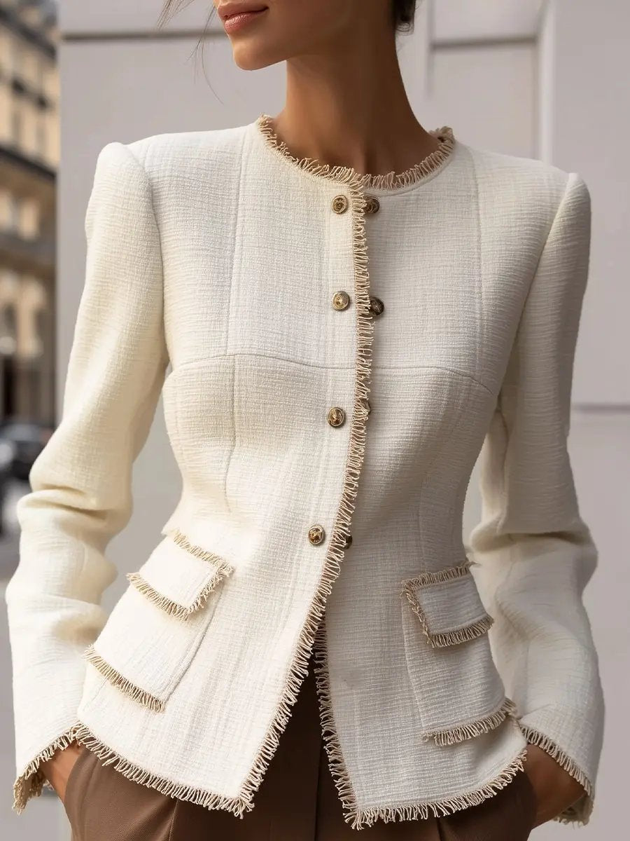 Elegant Cream Textured Tailored Blazer with Decorative Trim - Women's Blazer CASA LARO