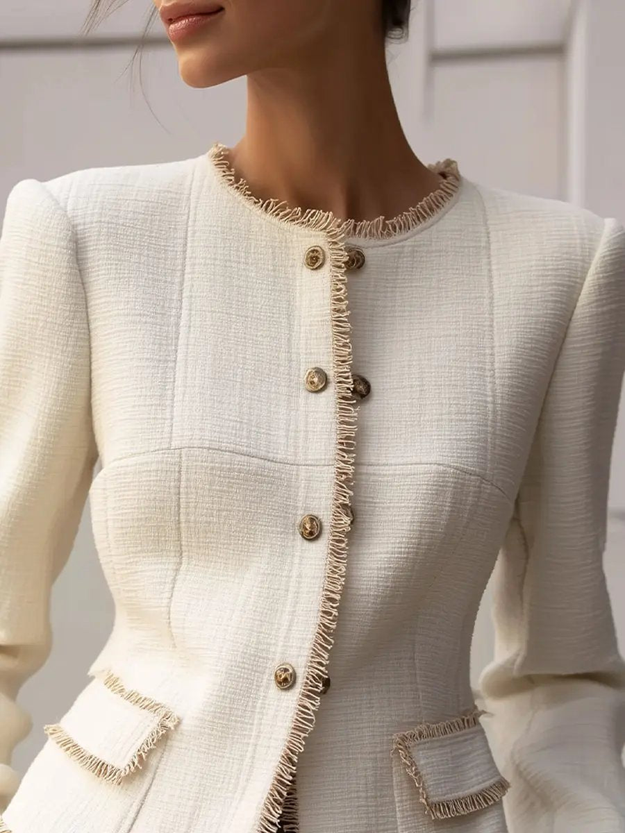 Elegant Cream Textured Tailored Blazer with Decorative Trim - Women's Blazer CASA LARO