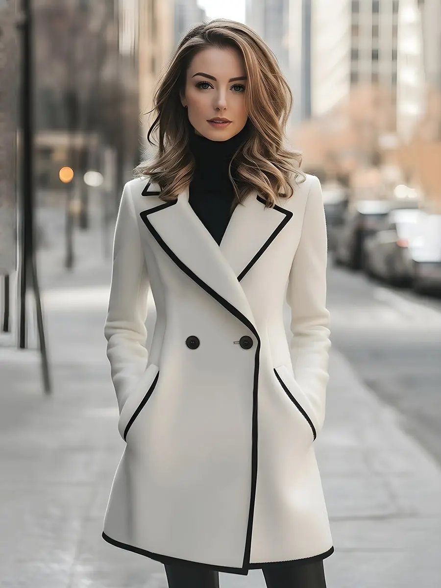 Elegant Double-Breasted Coat with Black Piping - Women's Coat CASA LARO