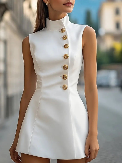 Elegant Golden-Button Satin High Collar - Sheath Dress CAAYWORLD