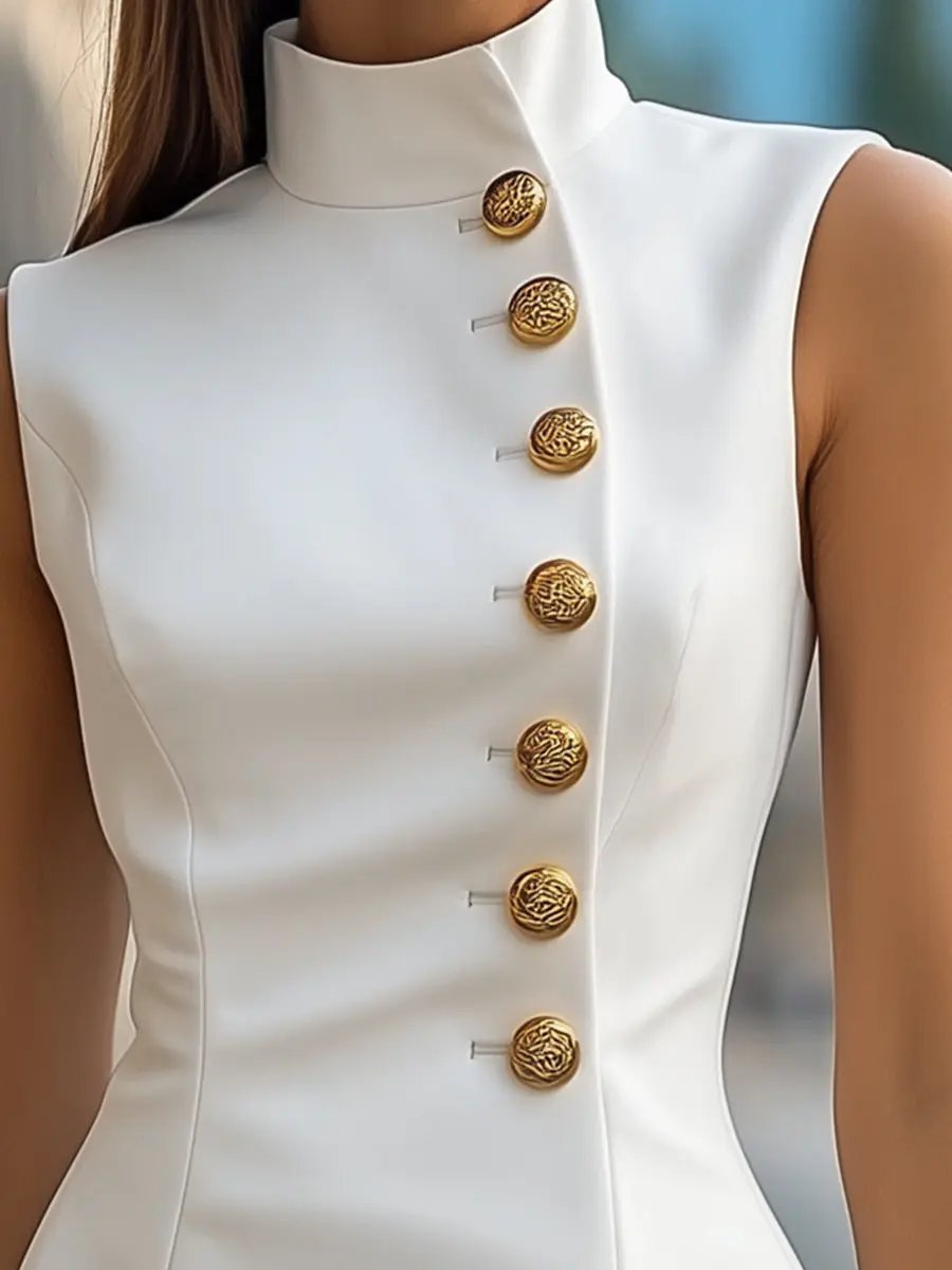 Elegant Golden-Button Satin High Collar - Sheath Dress CASA LARO