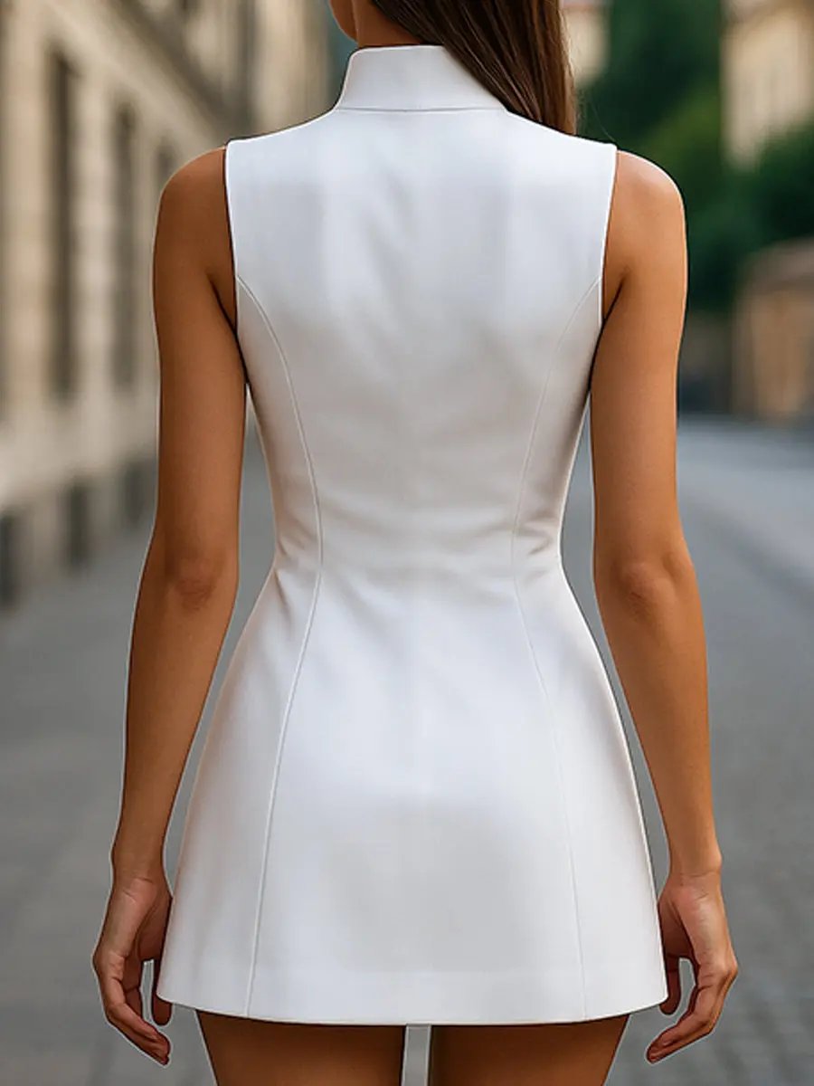 Elegant Golden-Button Satin High Collar - Sheath Dress CASA LARO