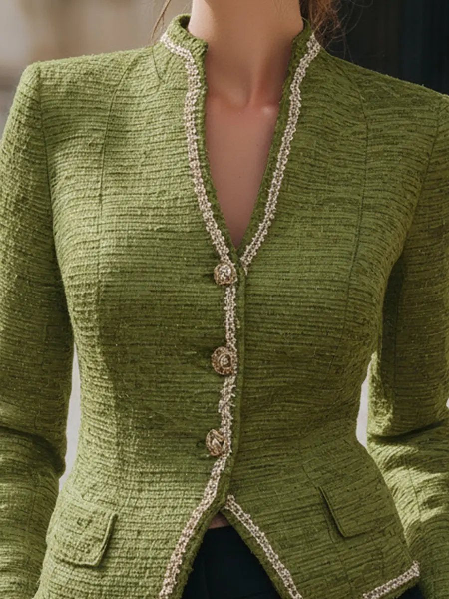 Elegant Green Tweed Pearl-Trim Jacket - Jacket CASA LARO