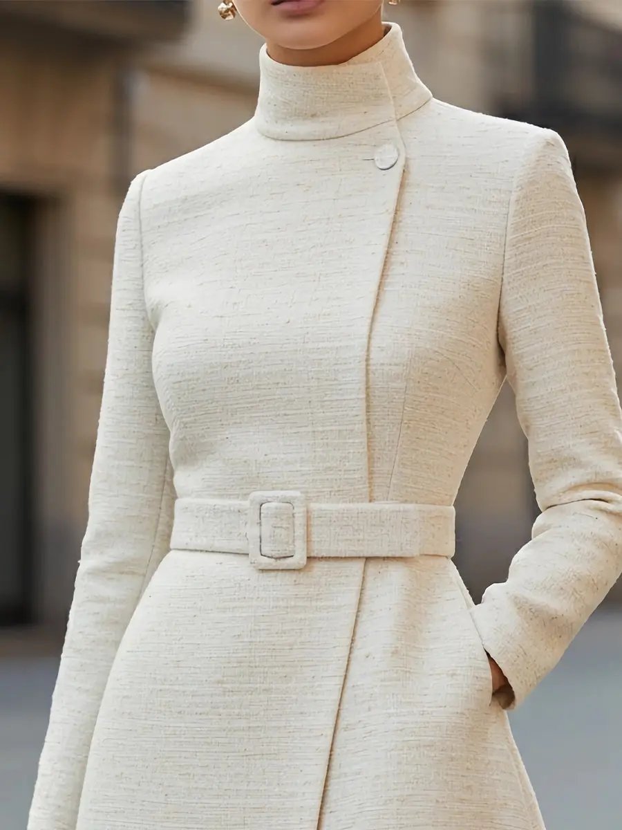 Elegant High-Neck Belted Wool-Blend - Midi Dress CASA LARO