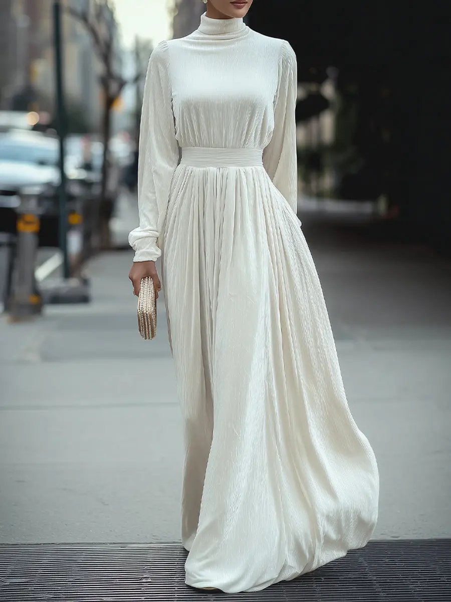 Elegant High-Neck Pleated White - Maxi Dress CASA LARO