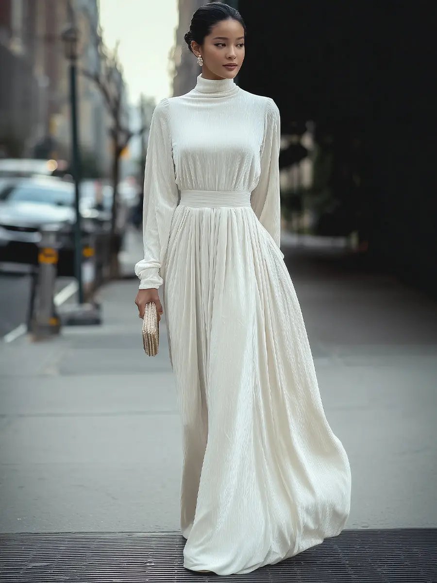 Elegant High-Neck Pleated White - Maxi Dress CASA LARO