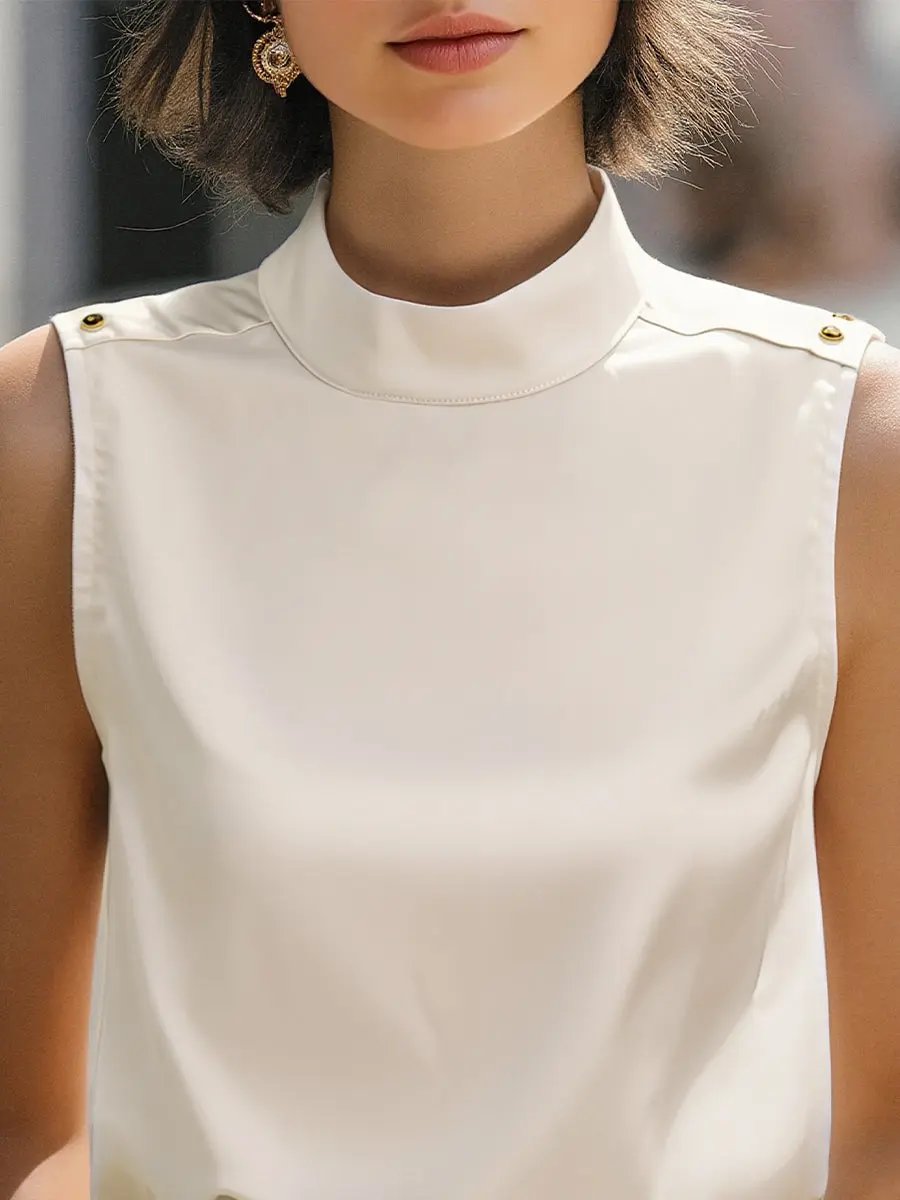 Elegant Ivory Satin High-Neck Sleeveless - Blouse CASA LARO