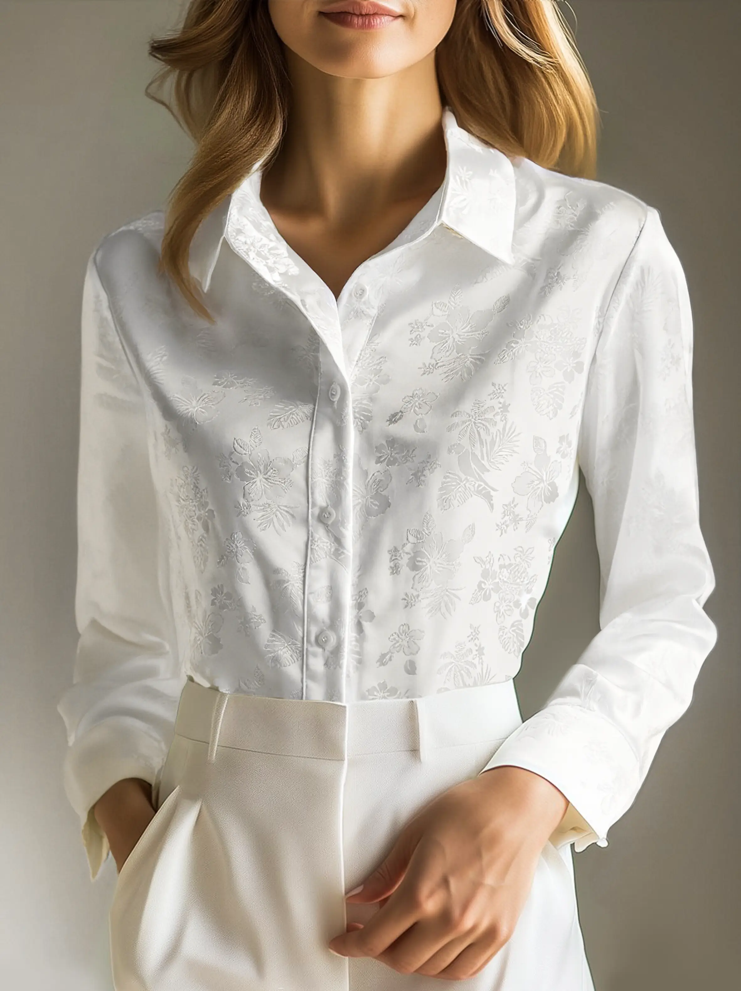 Elegant Ivory Satin Jacquard - Women's Shirt CASA LARO