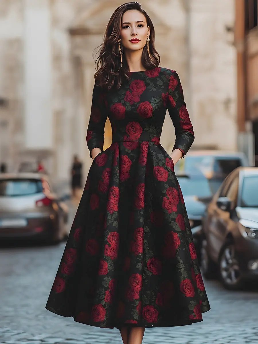 Elegant Jacquard Rose Print A-Line Silhouette - Midi Dress CASA LARO