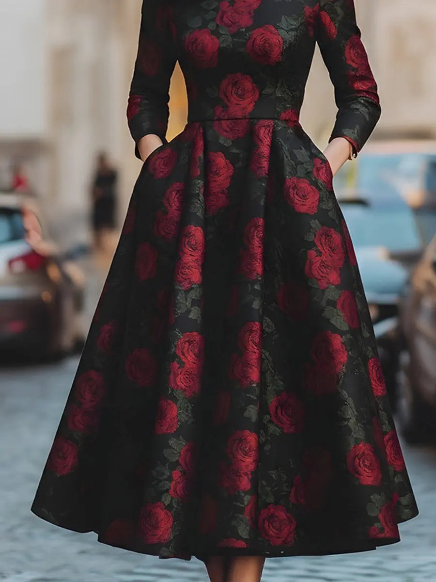 Elegant Jacquard Rose Print A-Line Silhouette - Midi Dress CASA LARO