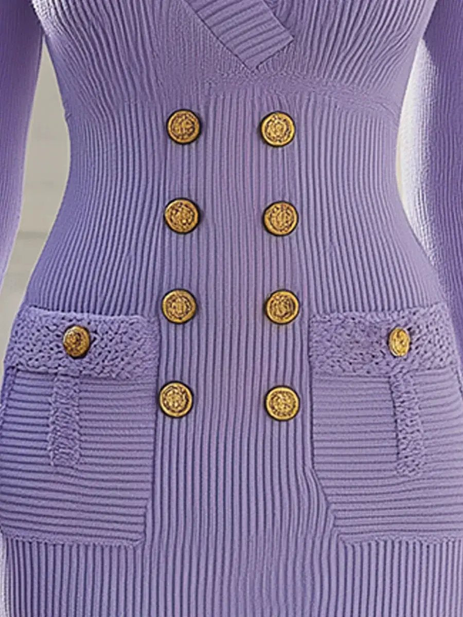 Elegant Lilac Double-Breasted Knit - Midi Dress CASA LARO