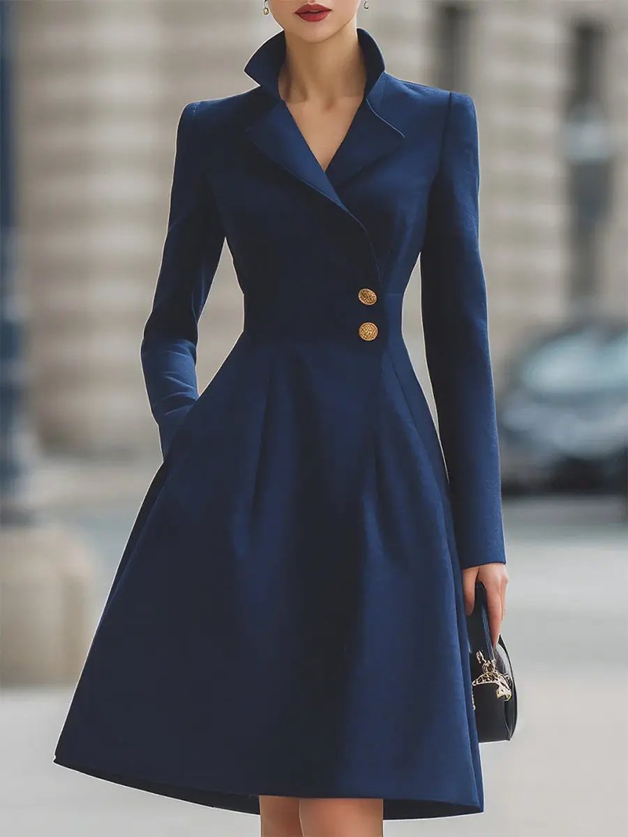 Elegant Navy Blue Tailored-Fit Flared Coat Dress - Midi Dress CASA LARO