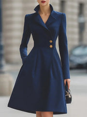 Elegant Navy Blue Tailored-Fit Flared Coat Dress - Midi Dress CASA LARO