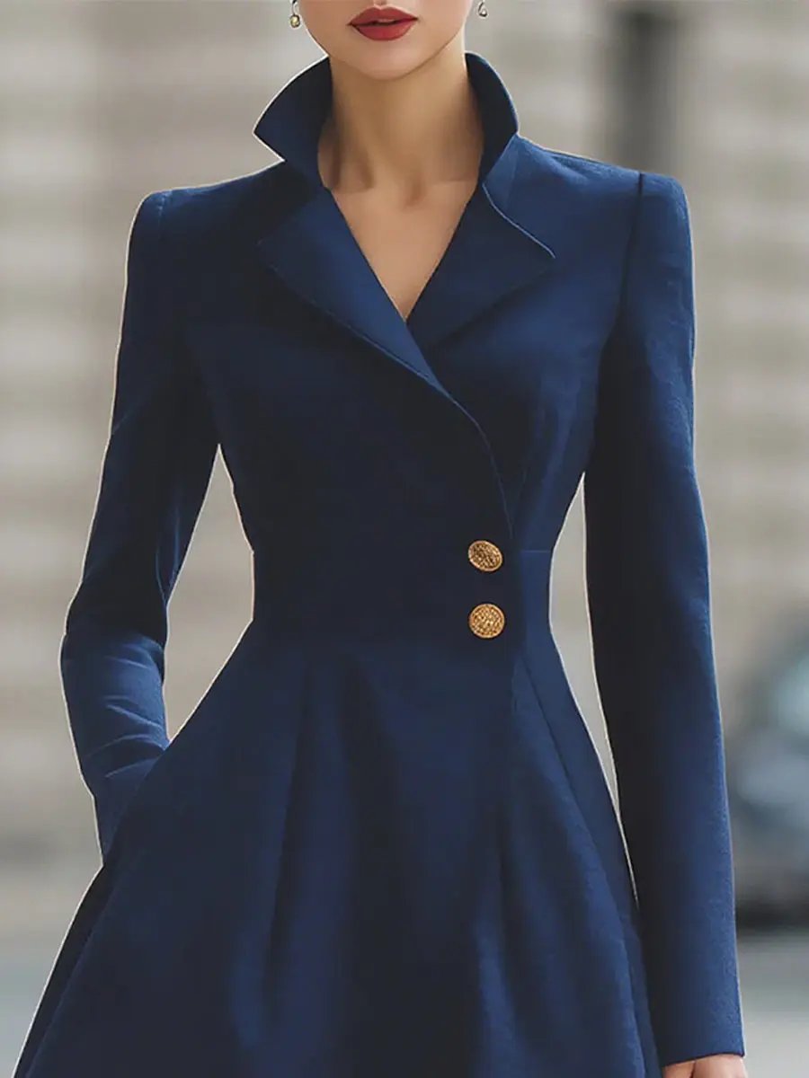 Elegant Navy Blue Tailored-Fit Flared Coat Dress - Midi Dress CASA LARO