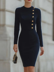 Elegant Navy Bodycon With Gold Button Detail - Mini Dress CASA LARO