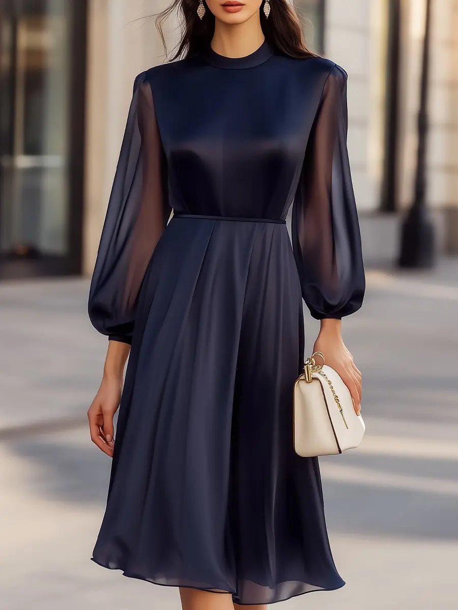 Elegant Navy Chiffon Sheer-Sleeve - Midi Dress CASA LARO