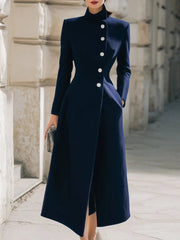 Elegant Navy Stand Collar Longline - Maxi Coat CASA LARO