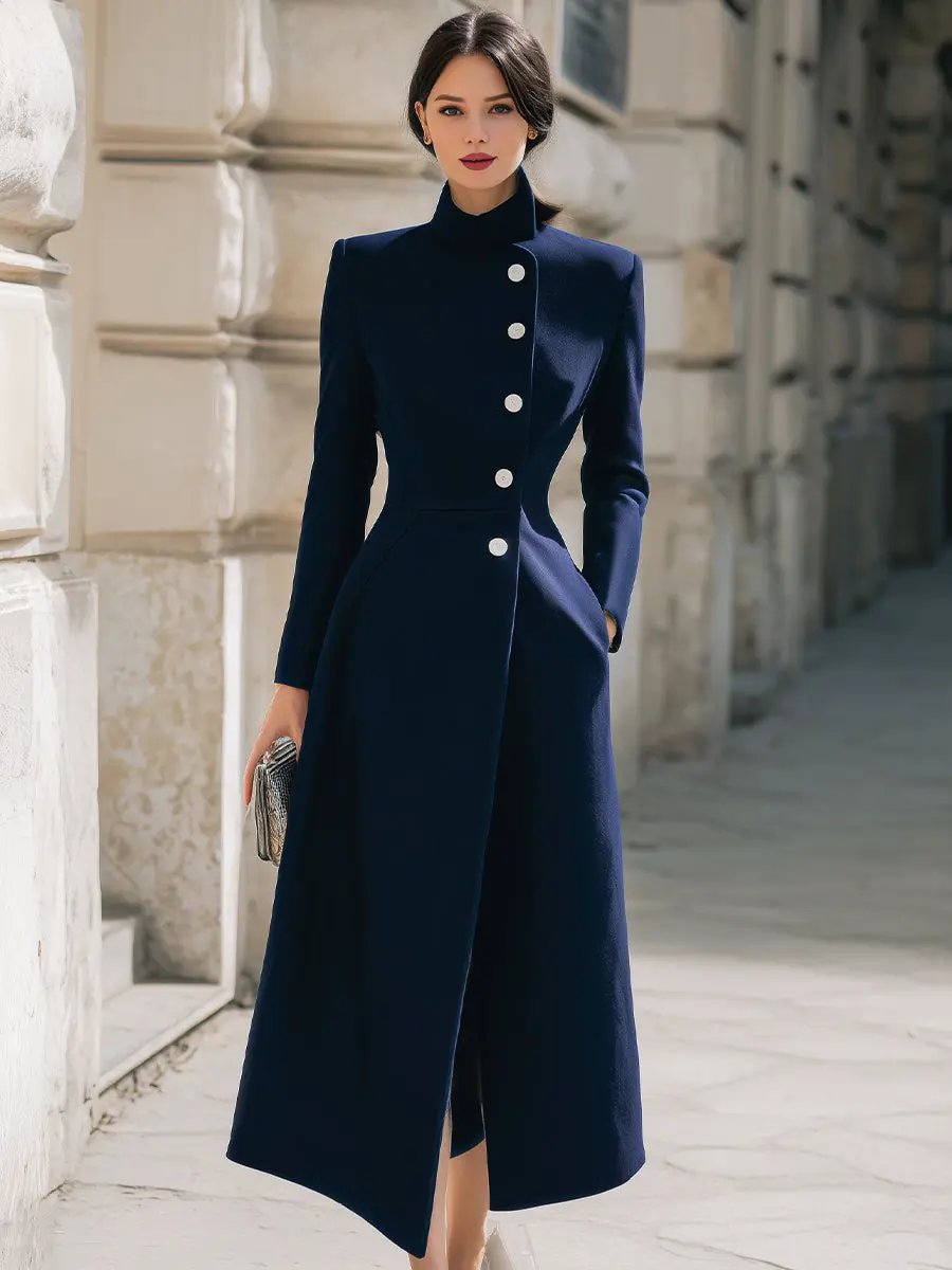 Elegant Navy Stand Collar Longline - Maxi Coat CASA LARO