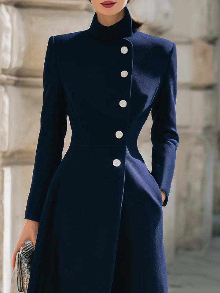 Elegant Navy Stand Collar Longline - Maxi Coat CASA LARO