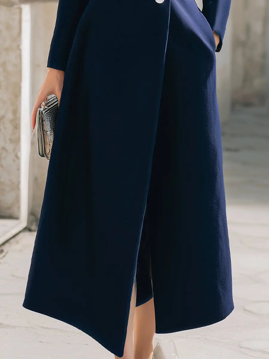 Elegant Navy Stand Collar Longline - Maxi Coat CASA LARO
