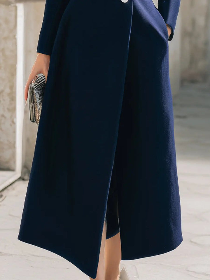 Elegant Navy Stand Collar Longline - Maxi Coat CASA LARO