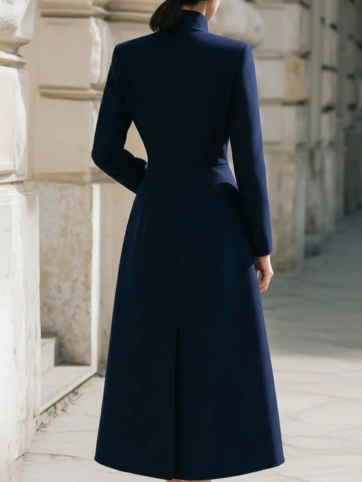 Elegant Navy Stand Collar Longline - Maxi Coat CASA LARO