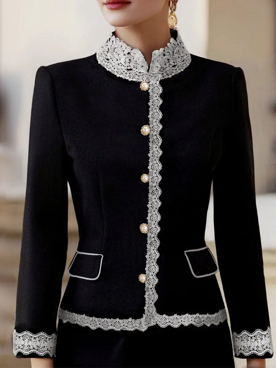 Elegant Pearl-Button Lace-Trim Tailored Blazer - Blazer CASA LARO