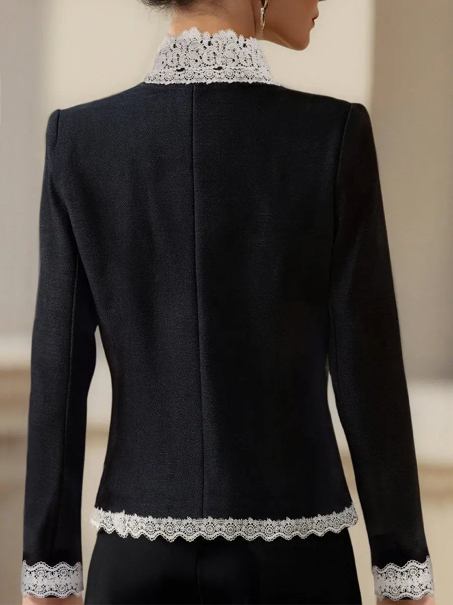 Elegant Pearl-Button Lace-Trim Tailored Blazer - Blazer CASA LARO
