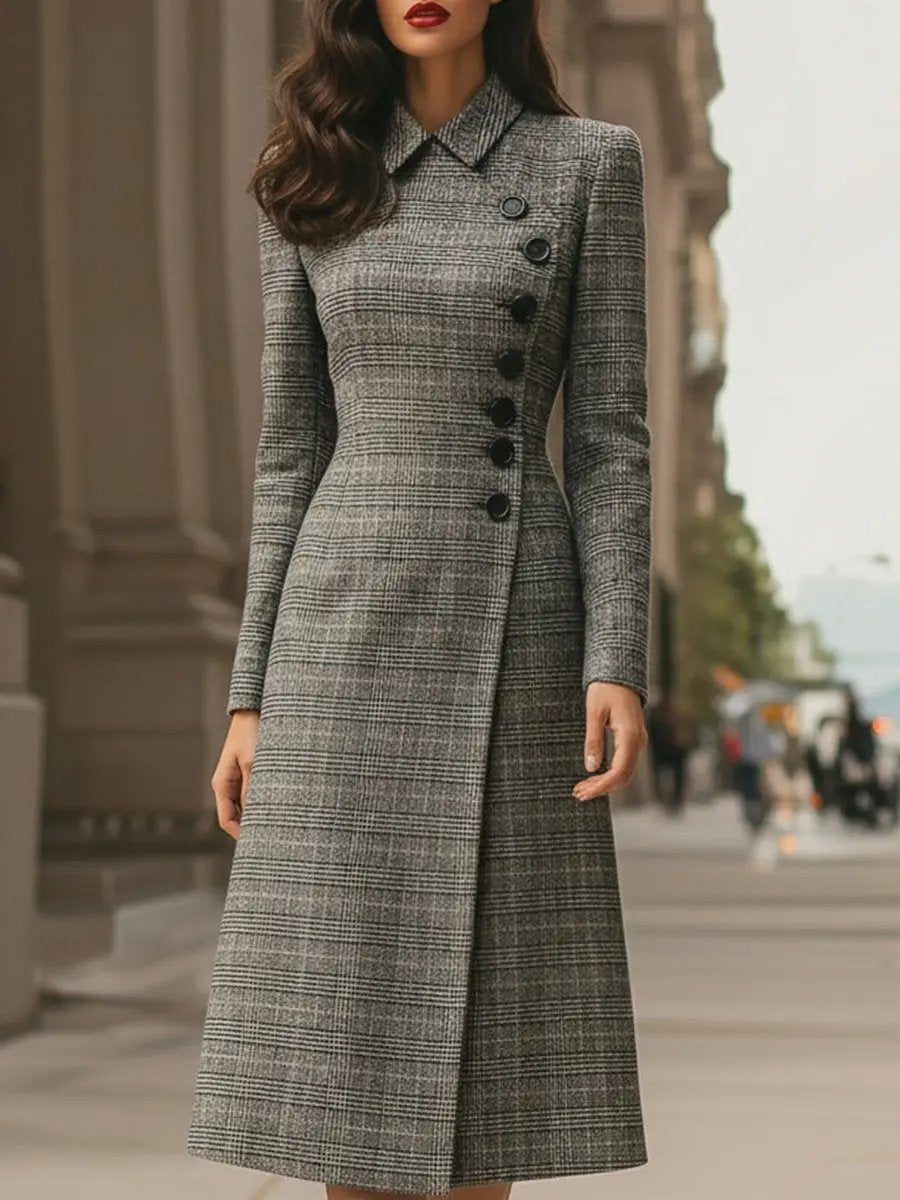 Elegant Plaid Asymmetric Button-Front - Midi Dress CASA LARO