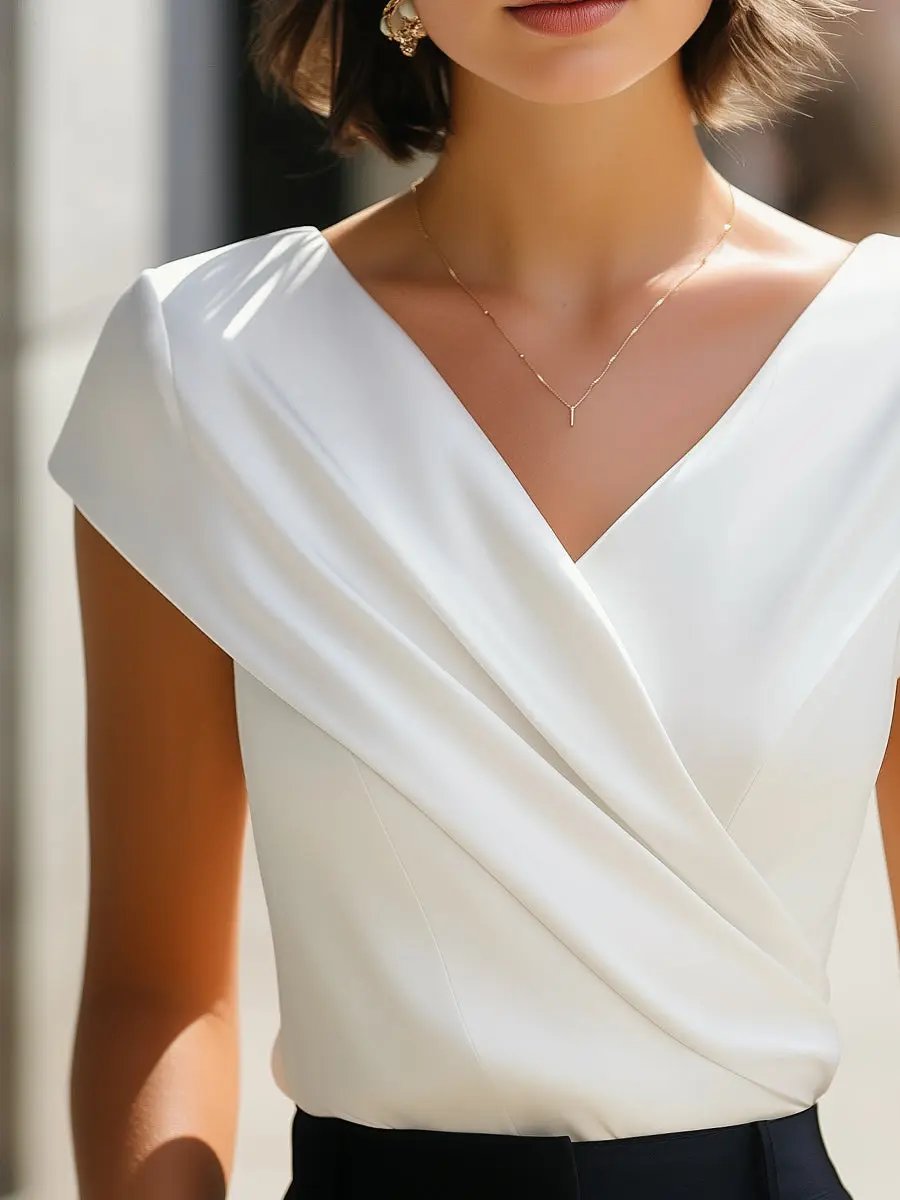 Elegant Pleated V-Neck Sleeveless Top - Blouse CASA LARO