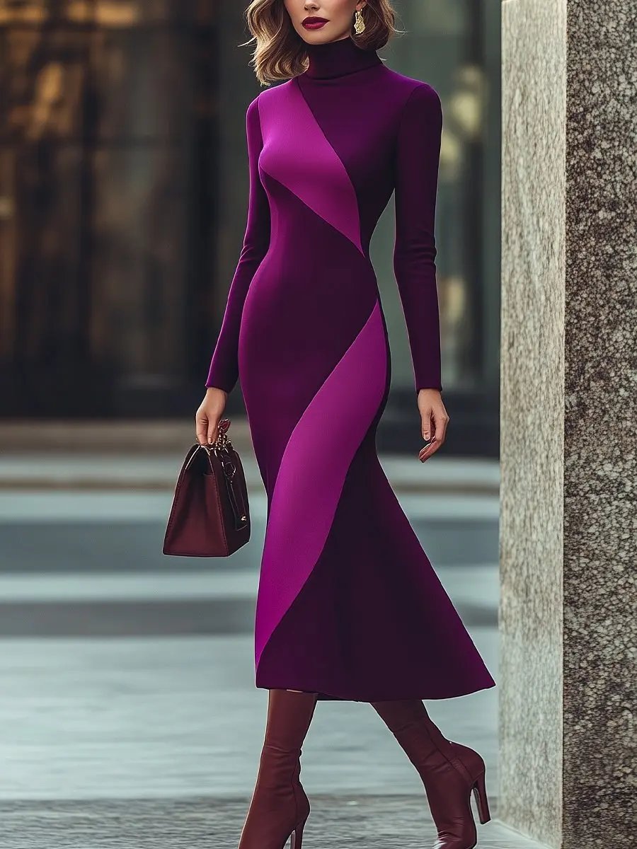 Elegant Plum & Lavender High-Neck Slim-Fit - Midi Dress CASA LARO