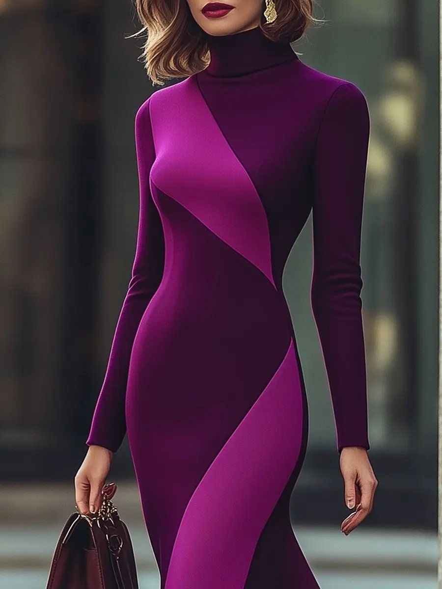 Elegant Plum & Lavender High-Neck Slim-Fit - Midi Dress CASA LARO